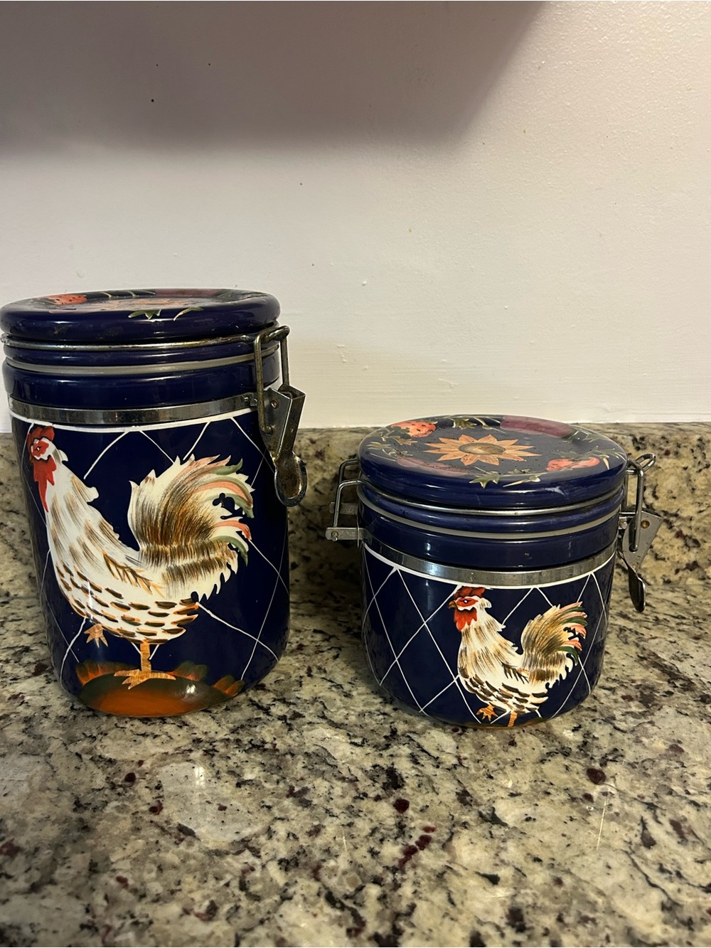 Vintage Blue Rooster Ceramic Kitchen Canister Set - 2 Piece